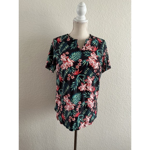 Unbranded Other - Unbranded Tropical Floral Rash Guard Swim Top XL Built-in Shelf Bra Blk Hibiscus